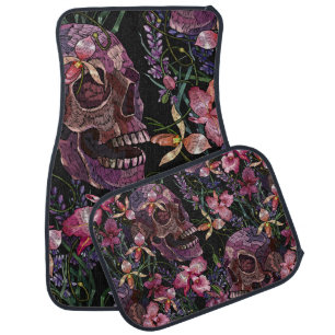 Embroidery human skull and pink orchid flowers pat car floor mat