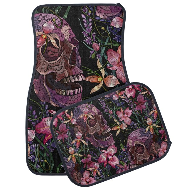 Embroidery human skull and pink orchid flowers pat car floor mat (Set)