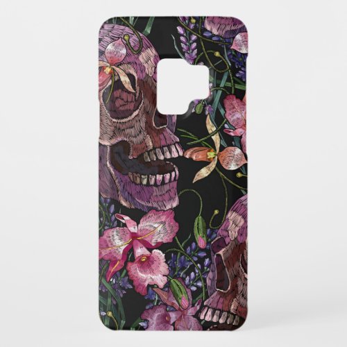Embroidery human skull and pink orchid flowers pat Case_Mate samsung galaxy s9 case
