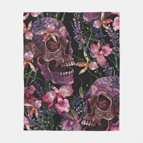 Embroidery human skull and pink orchid flowers pat fleece blanket
