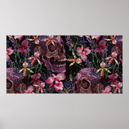 Embroidery human skull and pink orchid flowers pat poster
