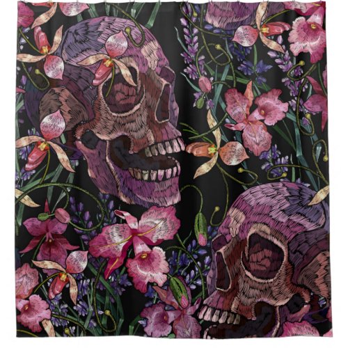 Embroidery human skull and pink orchid flowers pat shower curtain