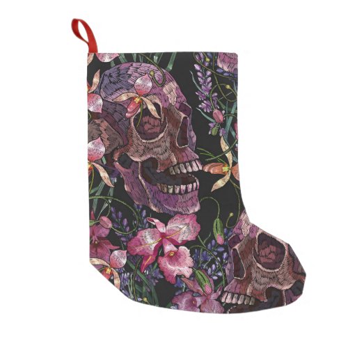 Embroidery human skull and pink orchid flowers pat small christmas stocking