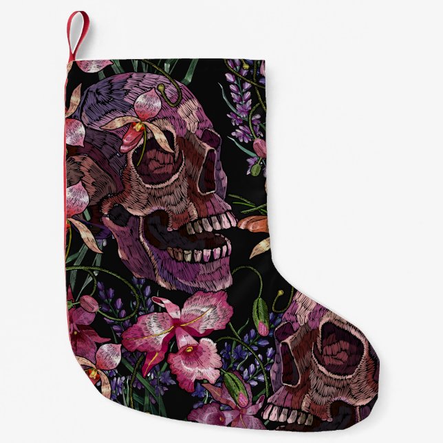 Embroidery human skull and pink orchid flowers pat small christmas stocking (Front)