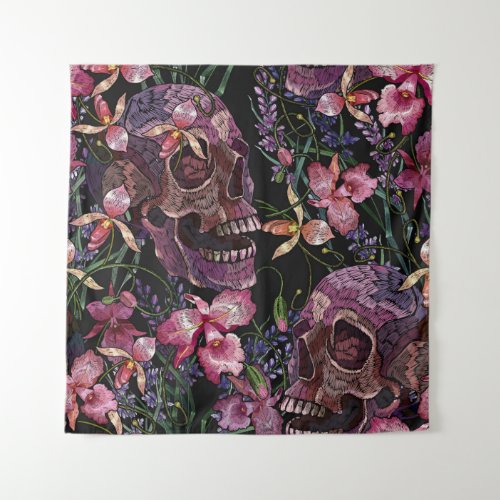 Embroidery human skull and pink orchid flowers pat tapestry
