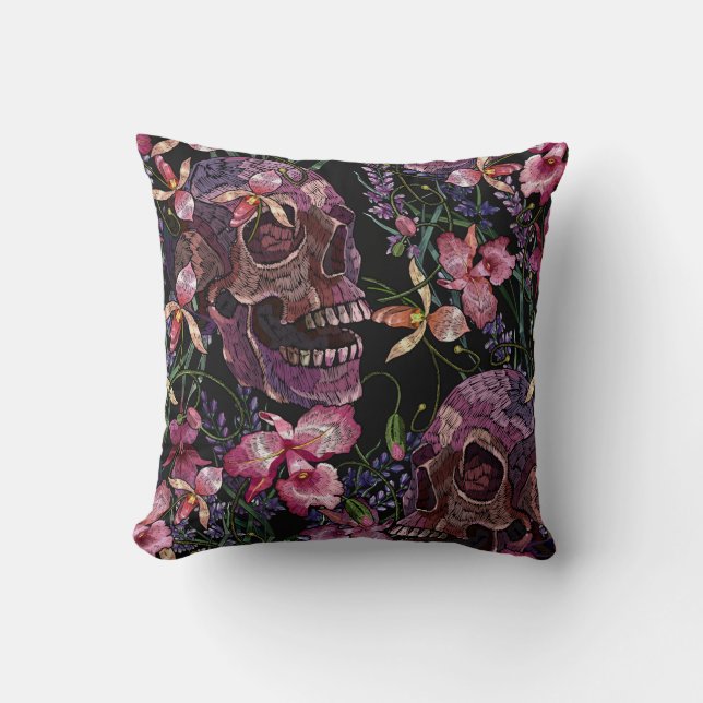 Embroidery human skull and pink orchid flowers pat throw pillow (Front)