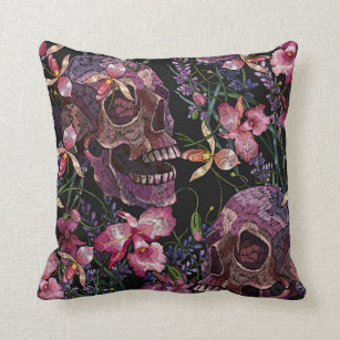 Embroidery human skull and pink orchid flowers pat throw pillow