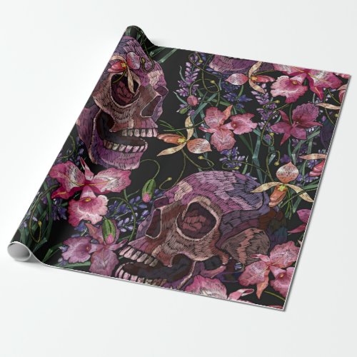 Embroidery human skull and pink orchid flowers pat wrapping paper