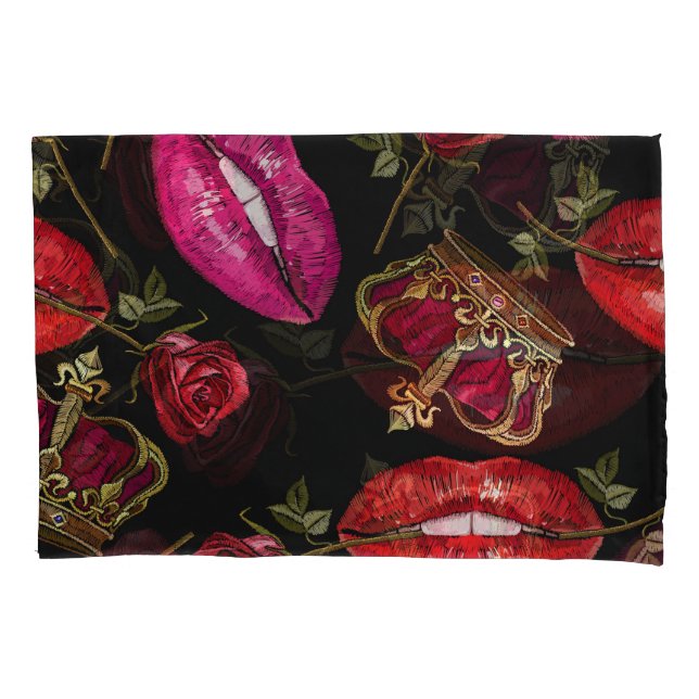 Embroidery lips, roses, crown seamless pattern. pillow case (Front)