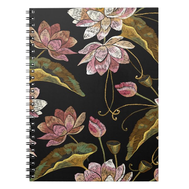 Embroidery Lotus Flowers Seamless Pattern Notebook (Front)