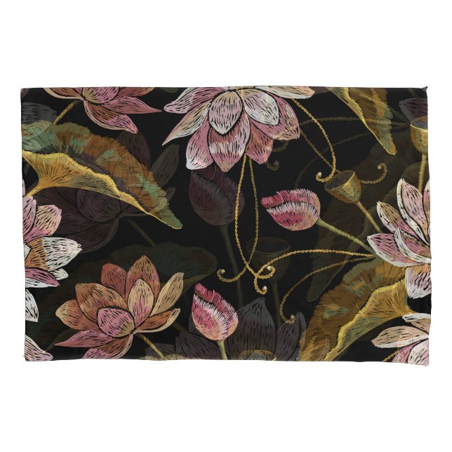 Embroidery Lotus Flowers Seamless Pattern Pillow Case (Front)