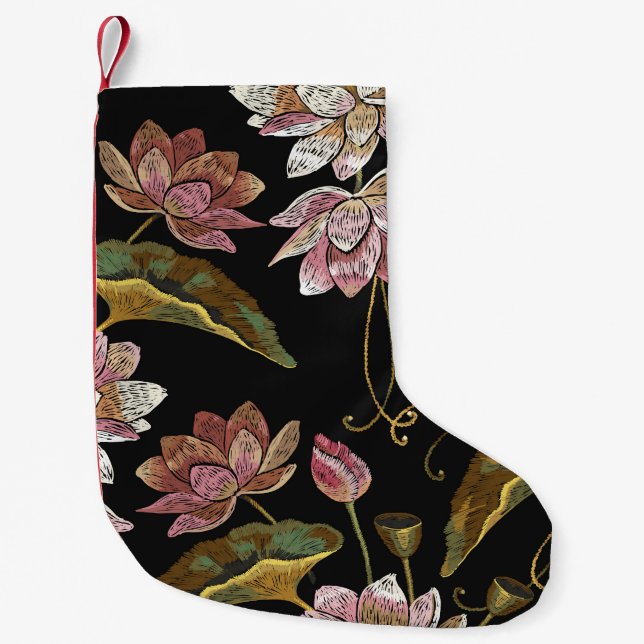 Embroidery Lotus Flowers Seamless Pattern Small Christmas Stocking (Front)