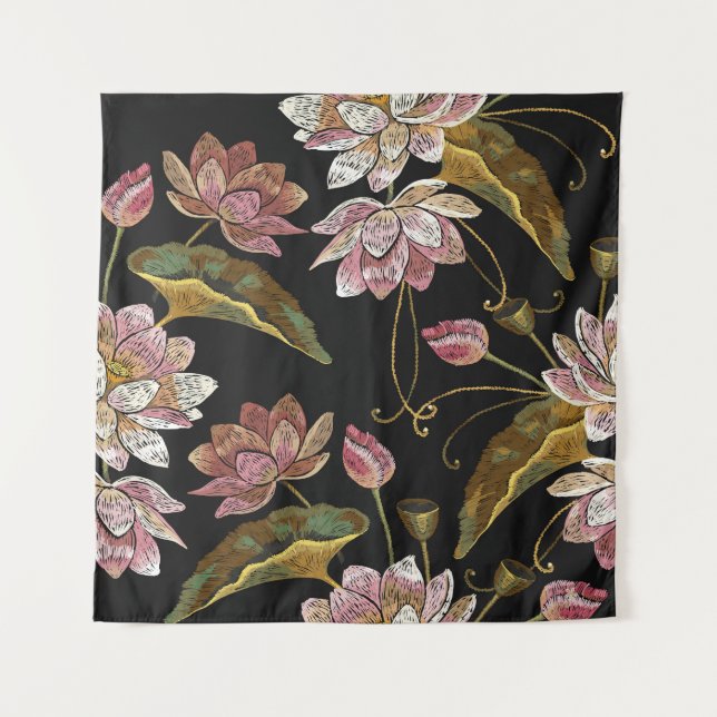 Embroidery Lotus Flowers Seamless Pattern Tapestry (Front)