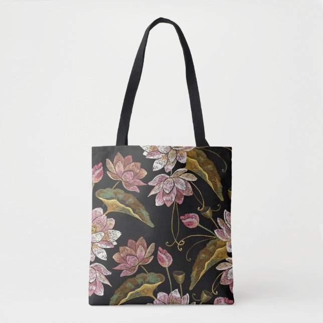 Embroidery Lotus Flowers Seamless Pattern Tote Bag (Front)