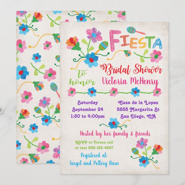 Embroidery Mexican Fiesta Bridal Shower Invitation (Front/Back)
