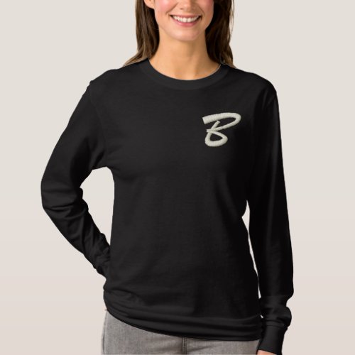 Embroidery Monogram Letter B Initial Embroidered Long Sleeve T_Shirt