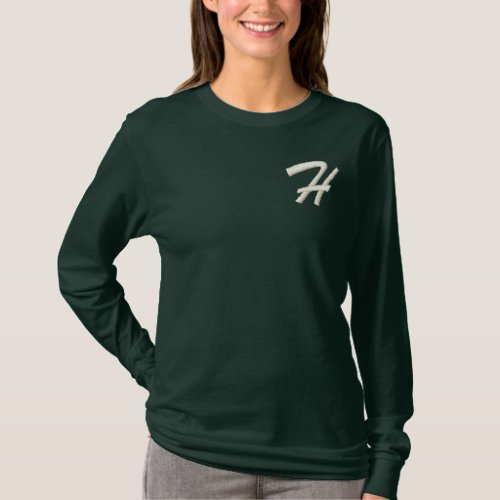 Embroidery Monogram Letter H Initial Embroidered Long Sleeve T_Shirt