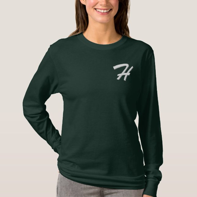 Embroidery Monogram Letter H Initial Embroidered Long Sleeve T-Shirt (Front)