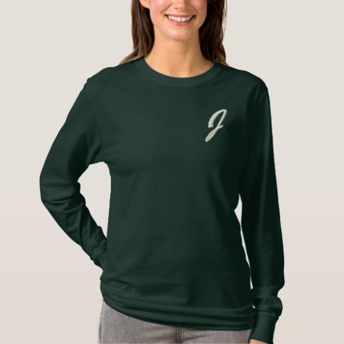 Embroidery Monogram Letter J Initial Embroidered Long Sleeve T_Shirt