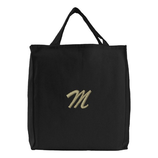 Embroidery Monogram Letter M Initial Embroidered Tote Bag (Front)