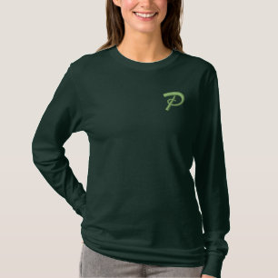Embroidery Monogram Letter P Initial Embroidered Long Sleeve T-Shirt