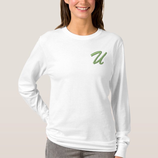 Embroidery Monogram Letter U Initial Embroidered Long Sleeve T-Shirt (Front)