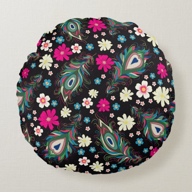 Embroidery peacock feathers seamless pattern. Clas Round Pillow (Front)