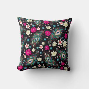 Embroidery peacock feathers seamless pattern. Clas Throw Pillow