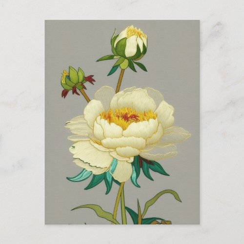 Embroidery peony flower holiday postcard