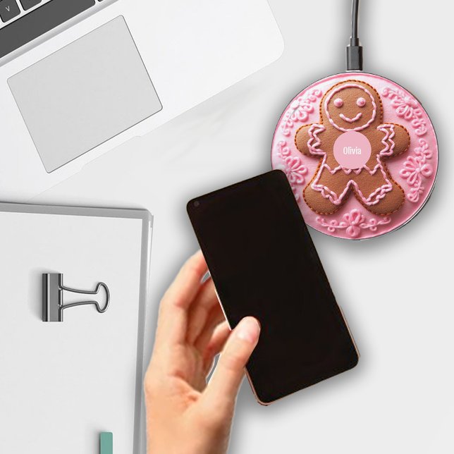 Embroidery Pink Christmas Gingerbread Man Name Wireless Charger (Creator Uploaded)