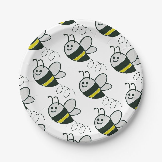 Embroidery Print Cute Bee Baby Shower Paper Plates (Front)