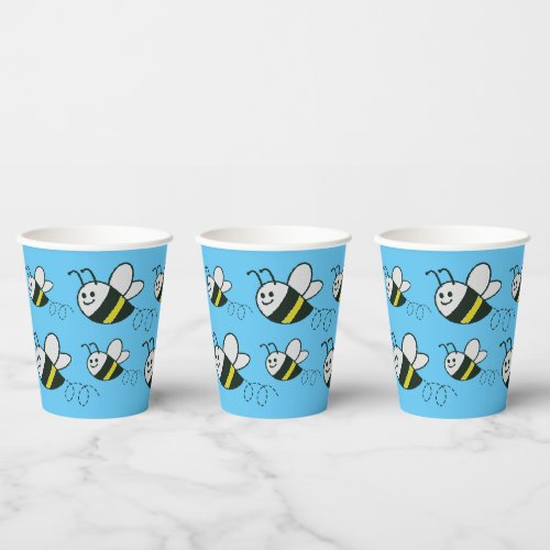 Embroidery Print Cute Bee Blue Baby Shower Paper Cups