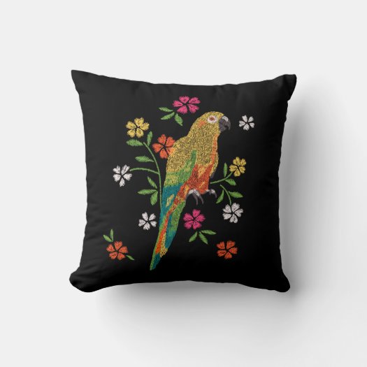 Embroidery Print Parrot Red Yellow Pink Floral