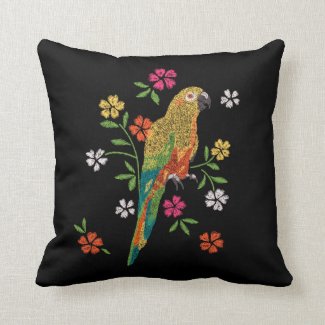 Embroidery Print Parrot Red Yellow Pink Floral Throw Pillow