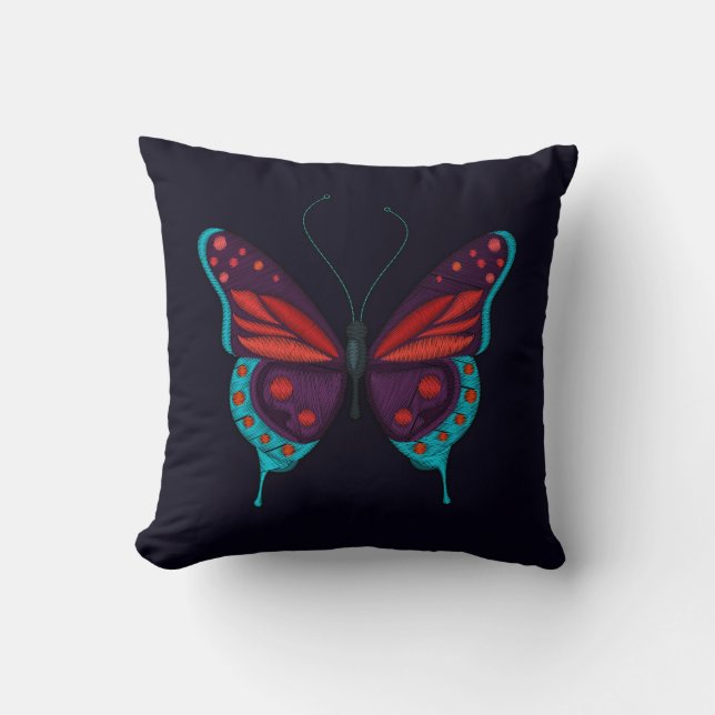 Embroidery Print Red Blue Purple Butterfly Black Throw Pillow (Front)