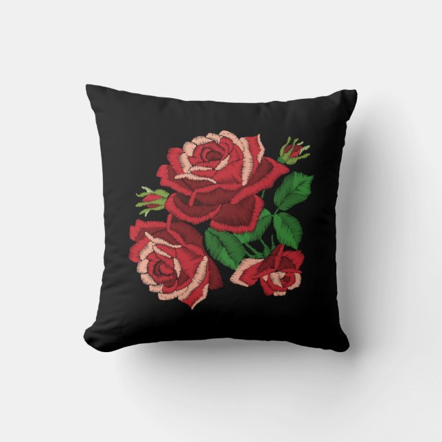 Embroidery Print Red Rose Green Leaves Floral Blue Throw Pillow (Front)