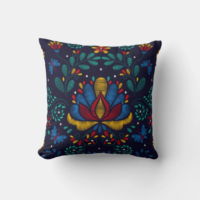 Embroidery Print Traditional Mexican Floral Throw Pillow (Front)
