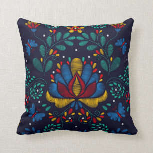 Embroidery Print Traditional Mexican Floral Throw Pillow