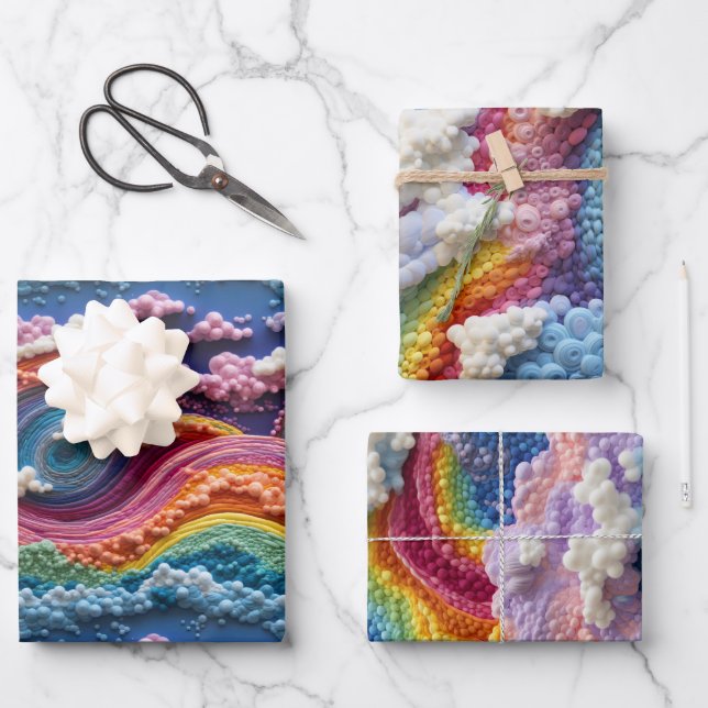Embroidery Rainbow, Sky, and Cloud Design Wrapping Paper Sheets (Front)