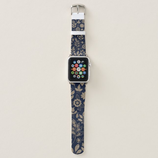 Embroidery seamless pattern with beautiful flowers apple watch band (Front)