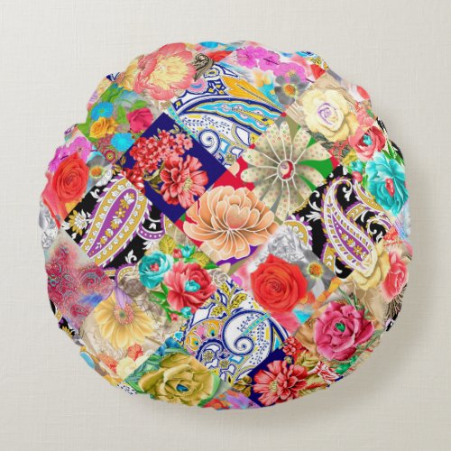 Embroidery seamless pattern with beautiful flowers round pillow