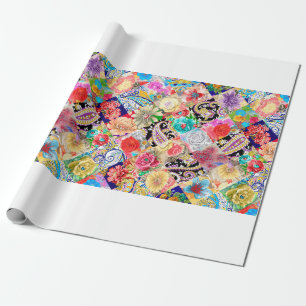 Embroidery seamless pattern with beautiful flowers wrapping paper