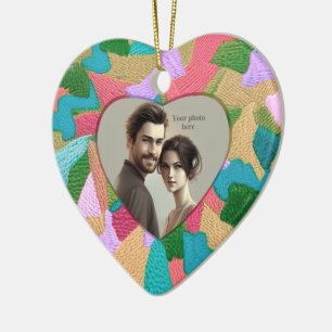 Embroidery Stitches - Heart Shaped Photo Ceramic O Ornament