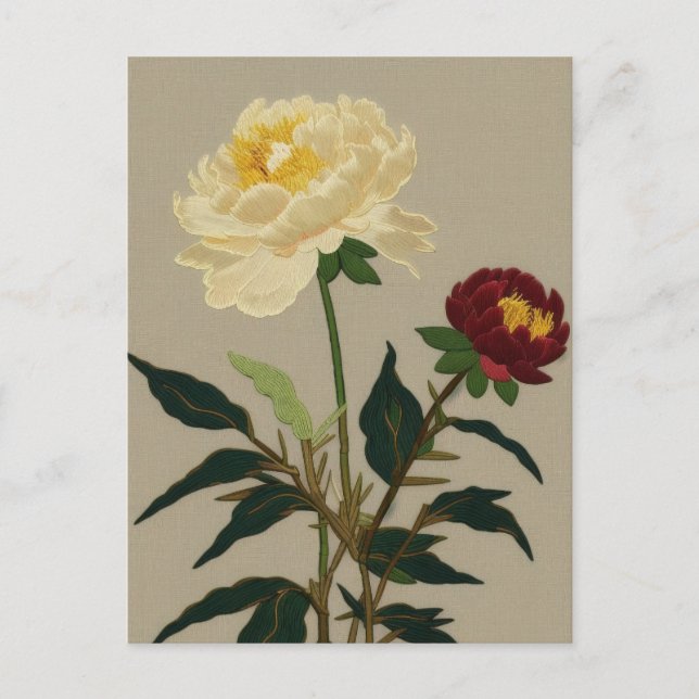 Embroidery vintage peony flower holiday postcard (Front)