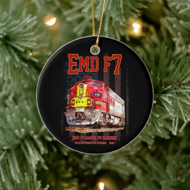EMD F7 Santa Fe Warbonnet with American Flag. Ceramic Ornament (Tree)