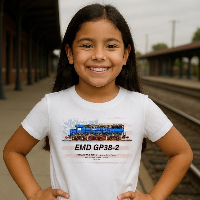 EMD GP38-2 Diesel Locomotive and American flag T-Shirt (EMD GP38-2 Diesel Locomotive GATX blue and white. Girl Basic T-Shirt)