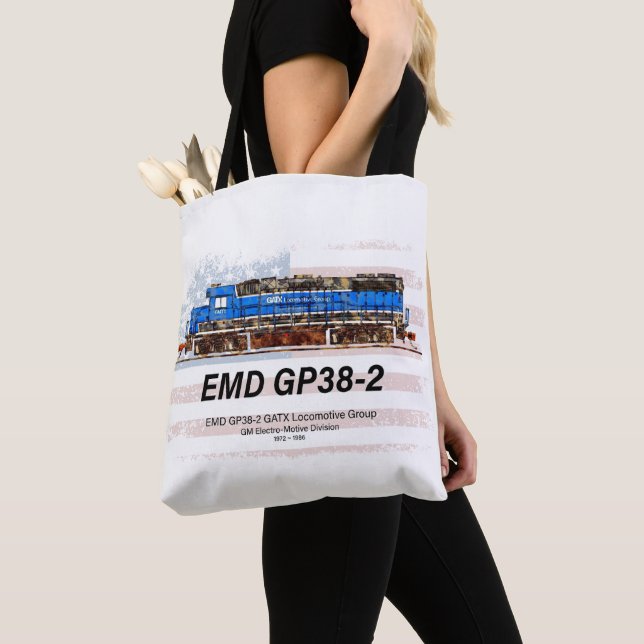 EMD GP38-2 Diesel Locomotive and American flag Tote Bag (Close Up)