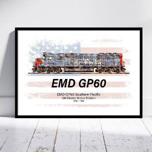 EMD GP60 Diesel Locomotive and American flag Framed Art