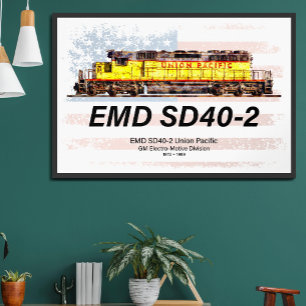 EMD SD40-2 Diesel Locomotive. American flag Framed Art