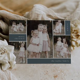 EMELIA Blue Cute Modern Multi Photo Christmas Holiday Card